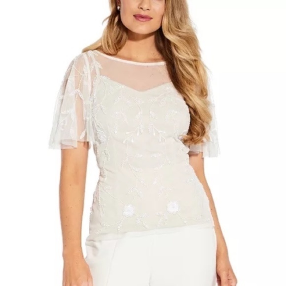Adrianna Papell White Embellished Mesh Overlay Blouse